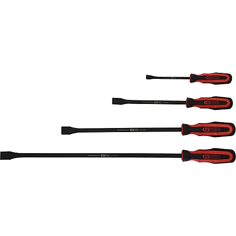 Vier schwarze Schraubendreher mit rotem Griff vor weißem Hintergrund.